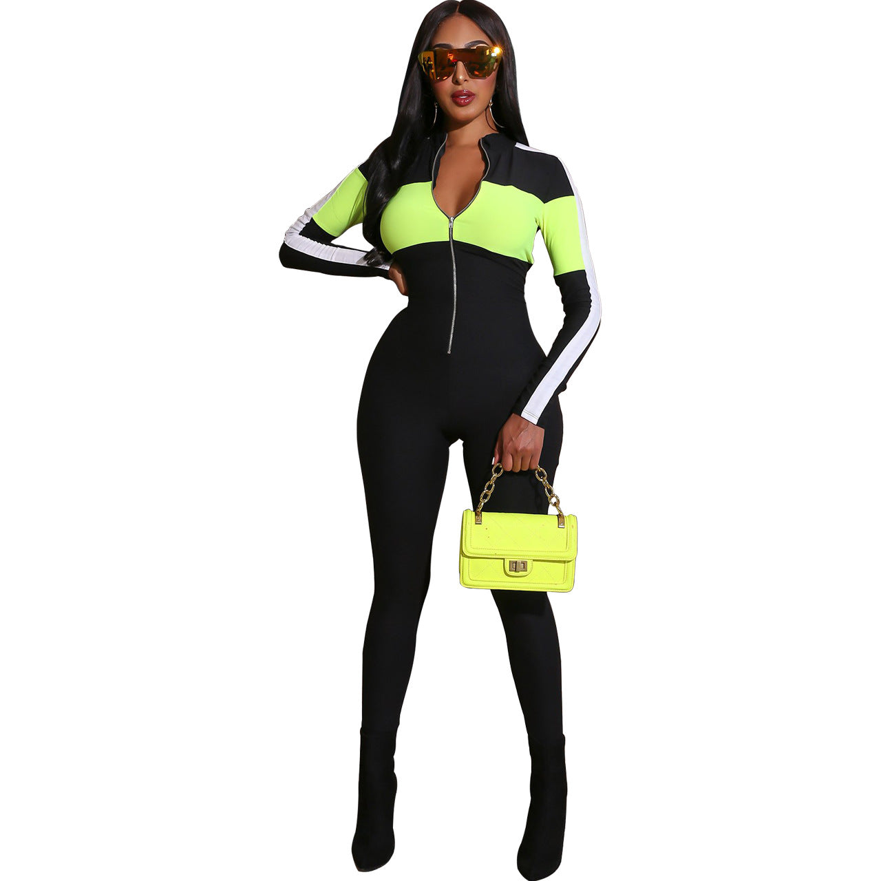 Popular Sports Deep V Plunge Multi Color Jumpsuit
