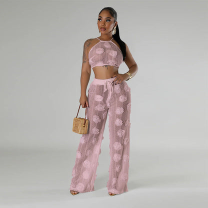 Knotted Short Top with Loose Slim Trousers Solid Color See through Two Piece Set for Women