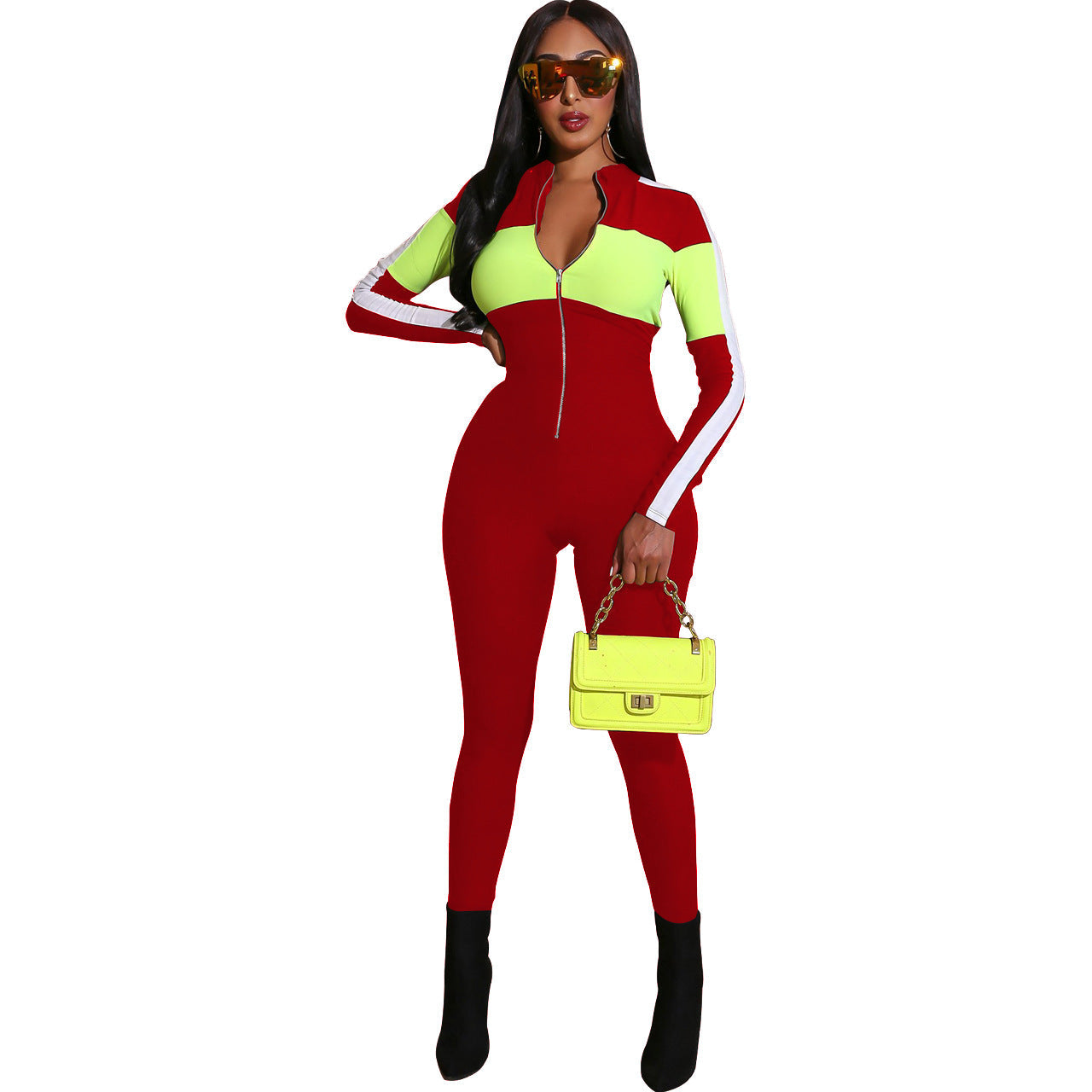 Popular Sports Deep V Plunge Multi Color Jumpsuit