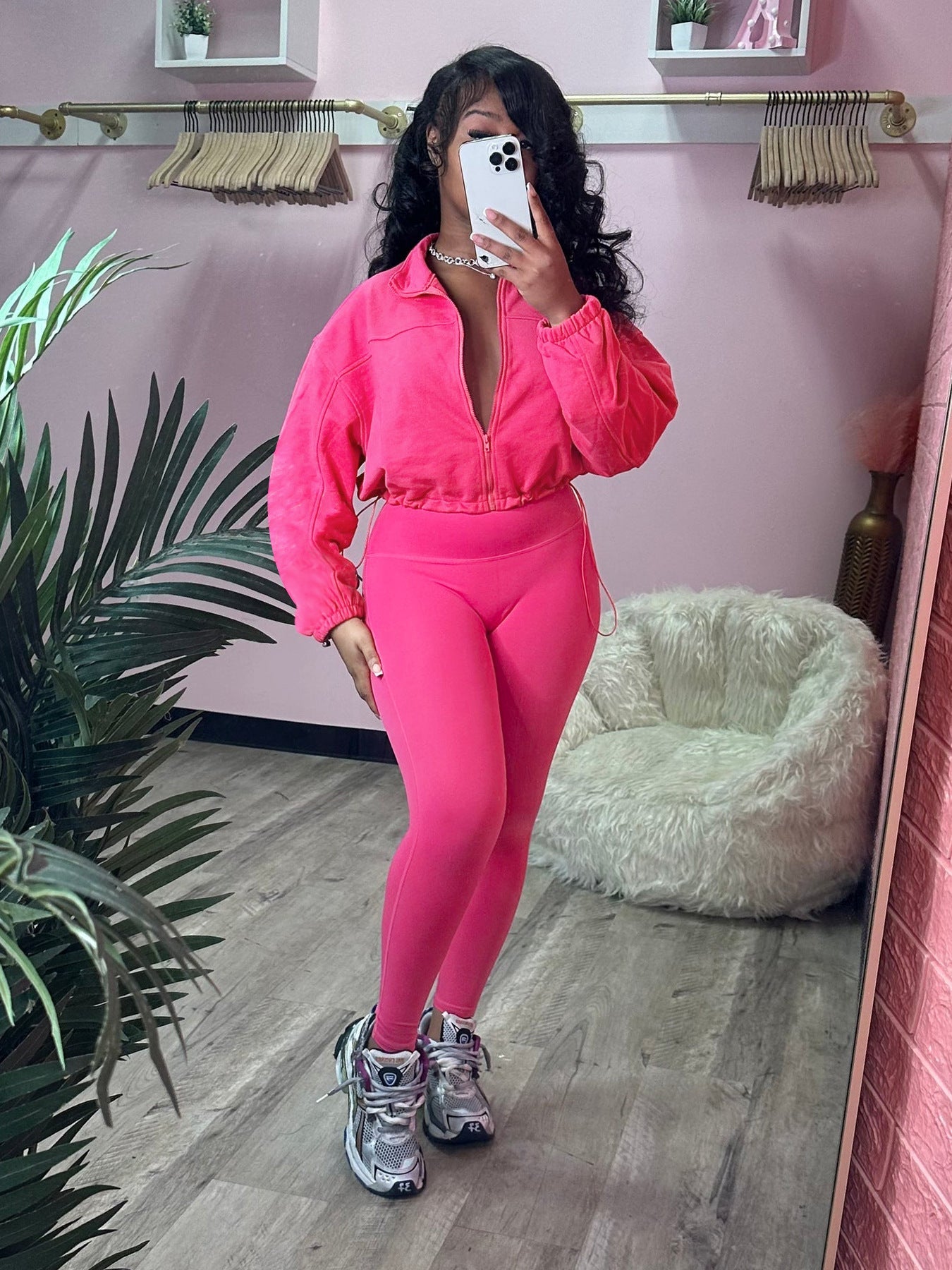 Casual Women Wear Zipper Elastic Buckle Waist Drop Shoulder Sleeve Two Piece Suit
