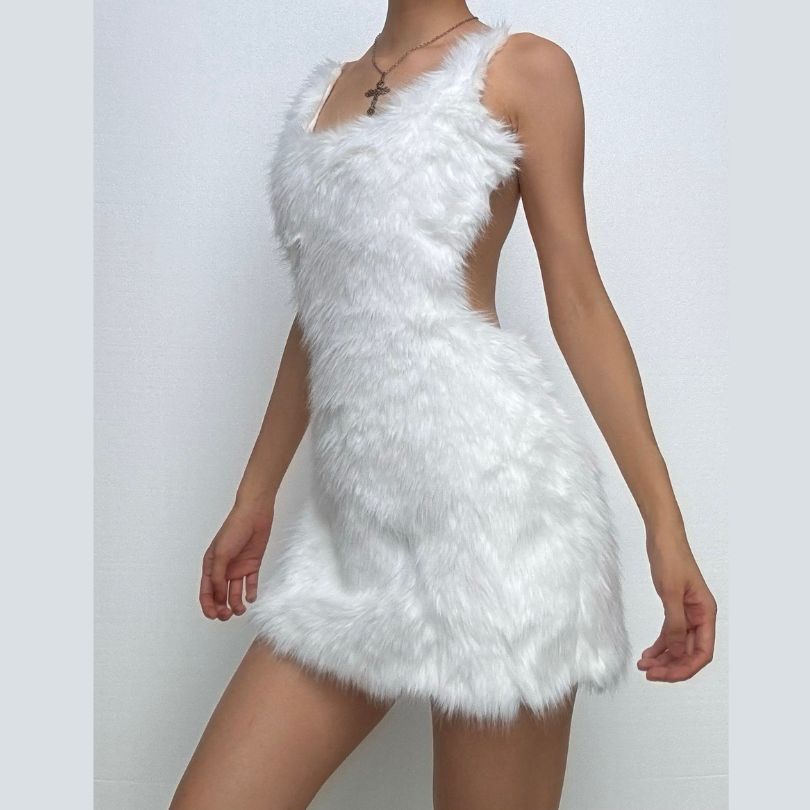 U neck fluffy zip-up backless cami mini dress  | Festival Outfits Women
