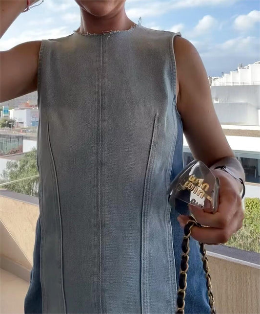 Street Sexy Casual Patchwork Denim Dress Contrast Color Vest Dress
