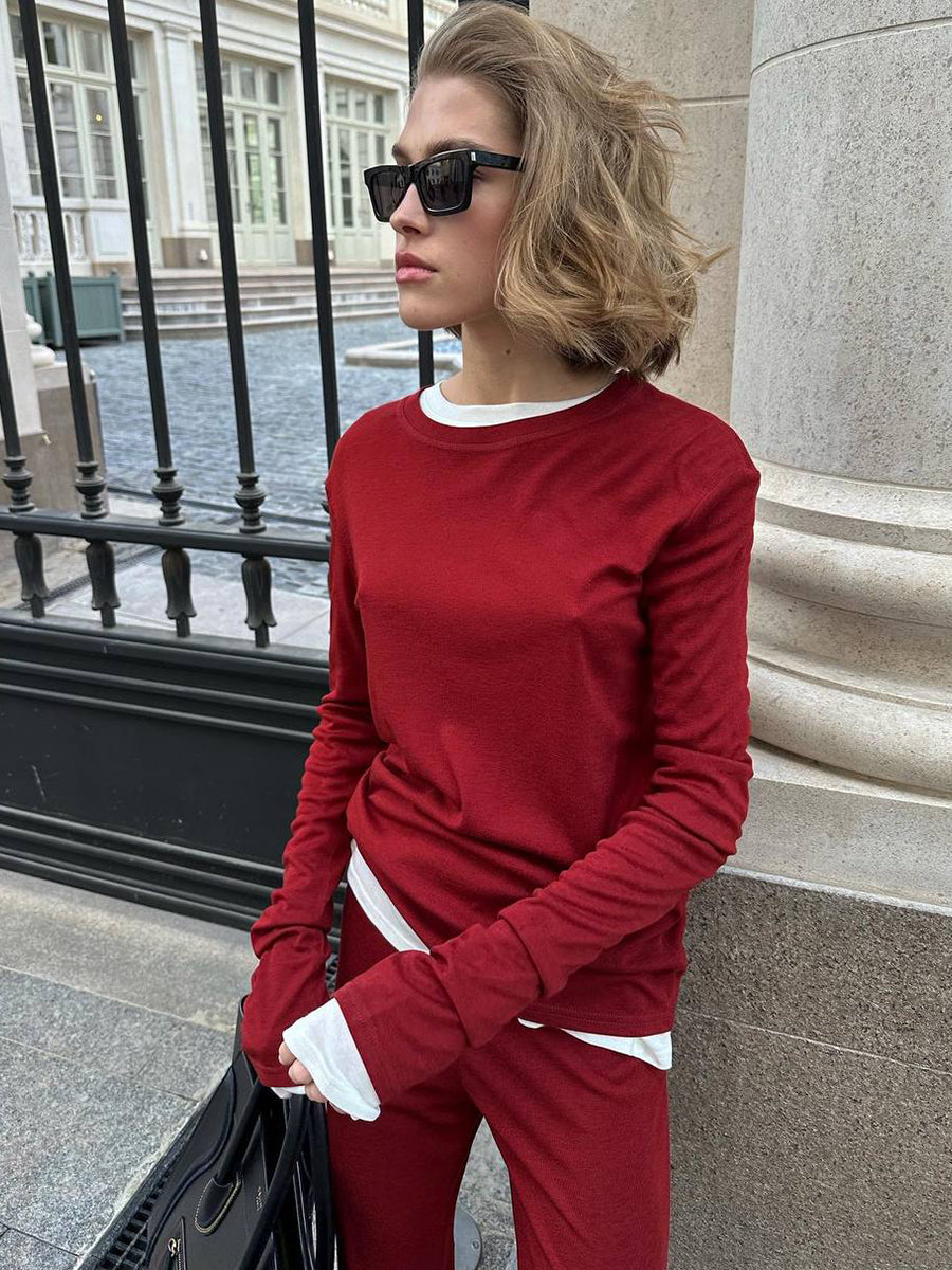 Autumn Winter Soft Modal Women Casual Top Wide Leg Pants Christmas Red Two Piece Set