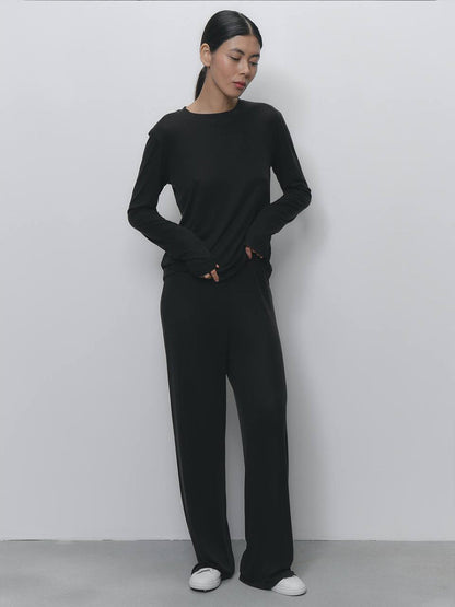 Autumn Winter Soft Modal Women Casual Top Wide Leg Pants Christmas Red Two Piece Set