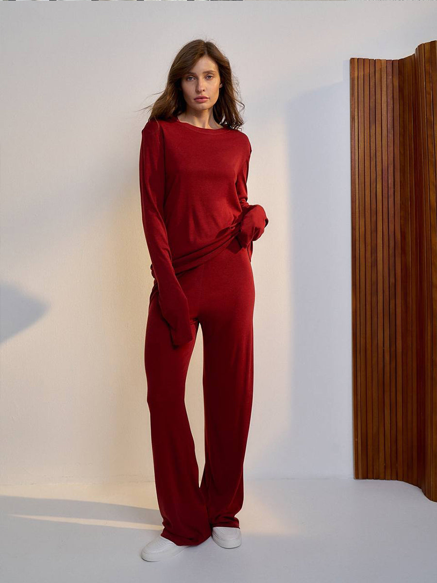 Autumn Winter Soft Modal Women Casual Top Wide Leg Pants Christmas Red Two Piece Set