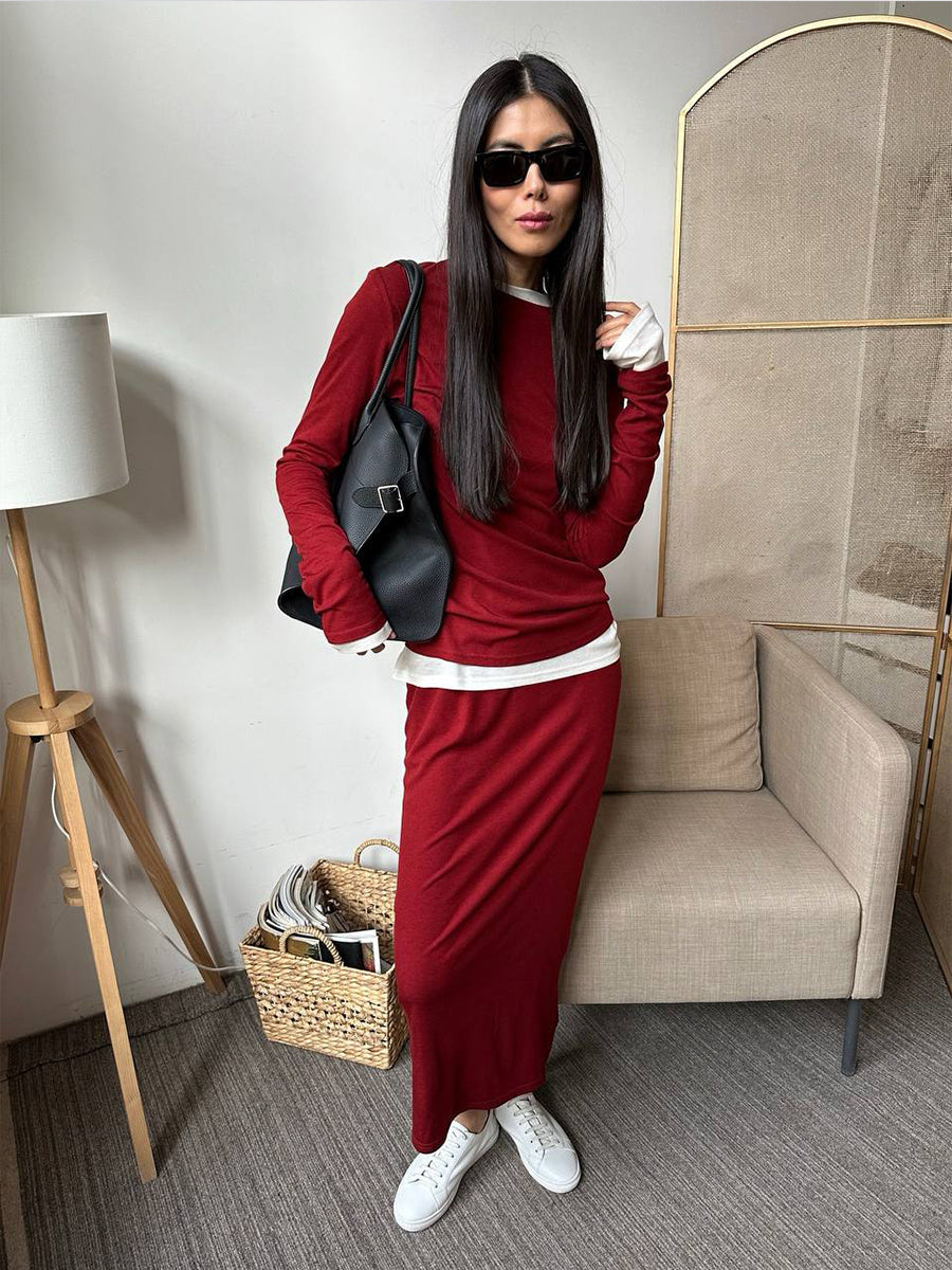 Autumn Winter Soft Modal Women Casual Top Wide Leg Pants Christmas Red Two Piece Set