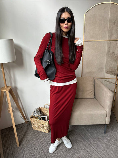 Autumn Winter Soft Modal Women Casual Top Wide Leg Pants Christmas Red Two Piece Set
