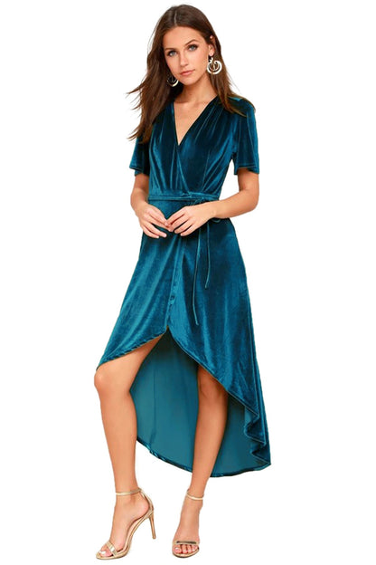 Women Clothing V-neck Dress Velvet Cardigan Lace-up Irregular Asymmetric Dress