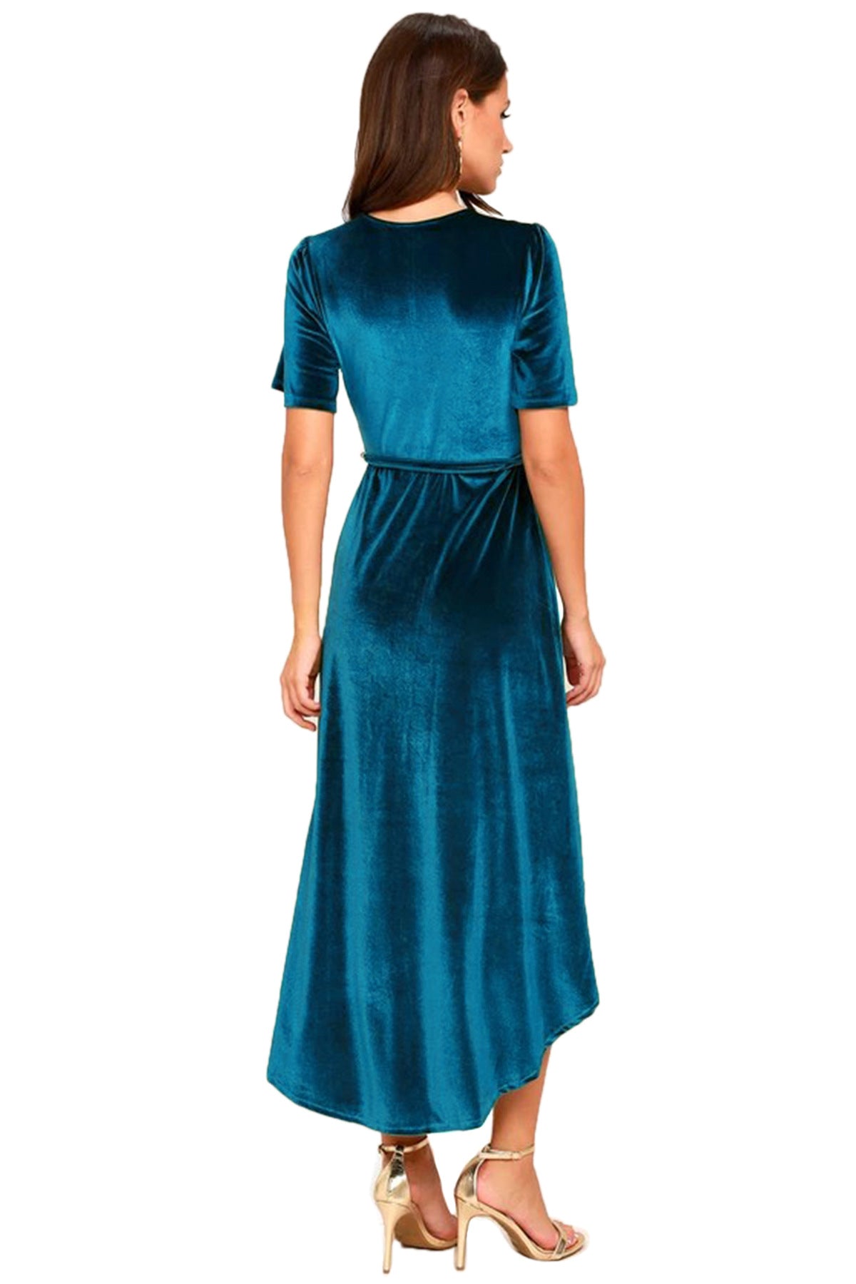 Women Clothing V-neck Dress Velvet Cardigan Lace-up Irregular Asymmetric Dress