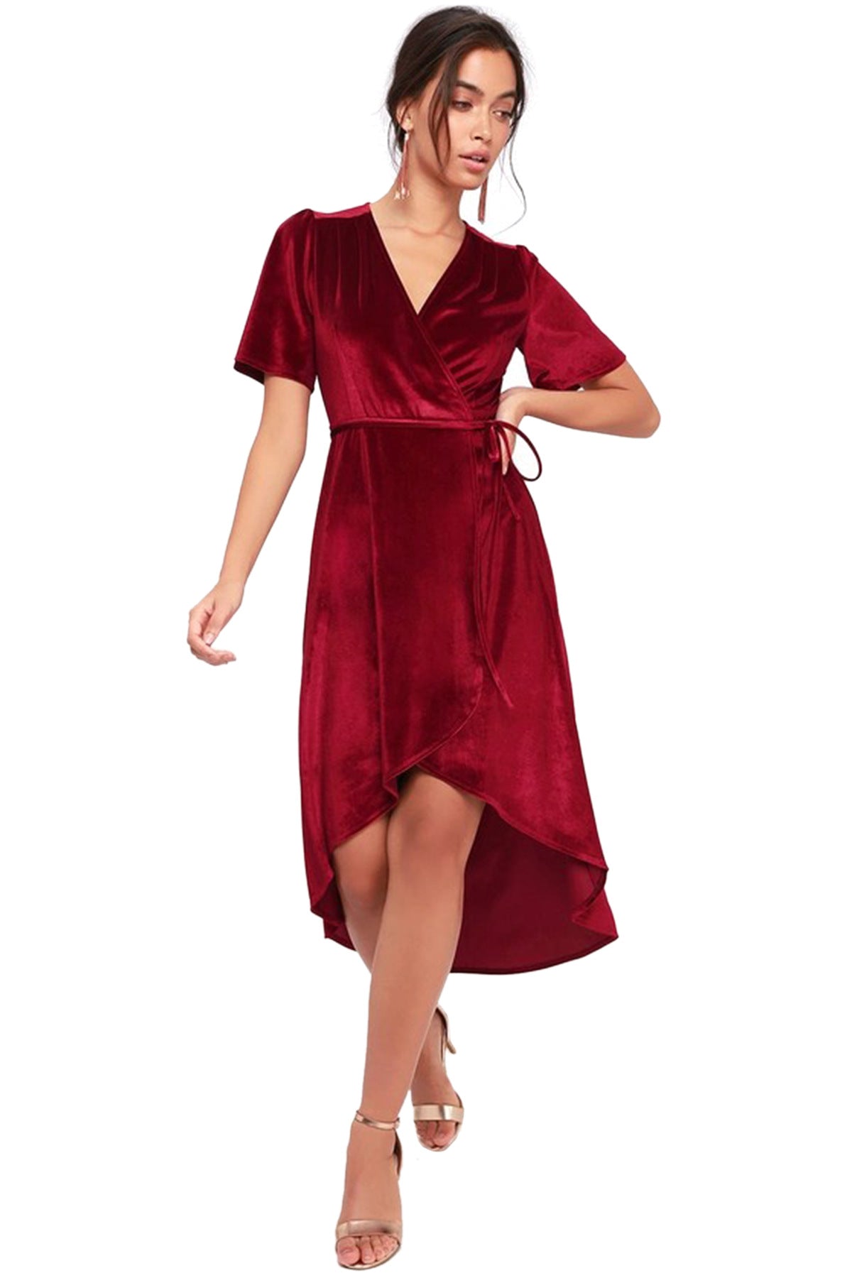 Women Clothing V-neck Dress Velvet Cardigan Lace-up Irregular Asymmetric Dress