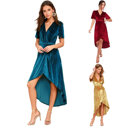 Women Clothing V-neck Dress Velvet Cardigan Lace-up Irregular Asymmetric Dress