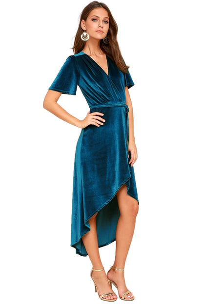 Women Clothing V-neck Dress Velvet Cardigan Lace-up Irregular Asymmetric Dress