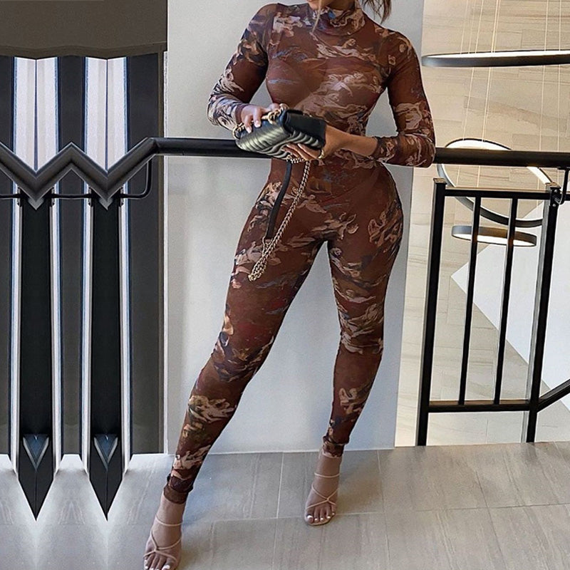 Sexy Printed Tight Jumpsuit Hip High Elastic Mesh Casual Pants