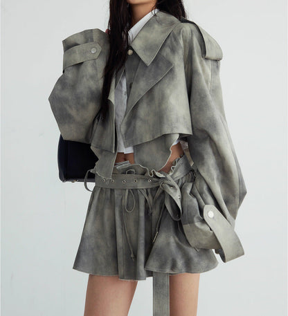 Autumn Winter Camouflage Printing Ink Printing Coat Trench Coat Skirt Casual Suit