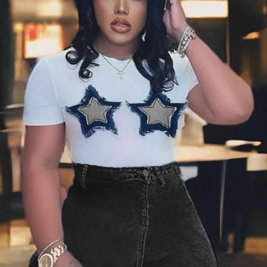 Autumn Summer Stitching Tassel Five Pointed Star Cropped round Neck T shirt for Women