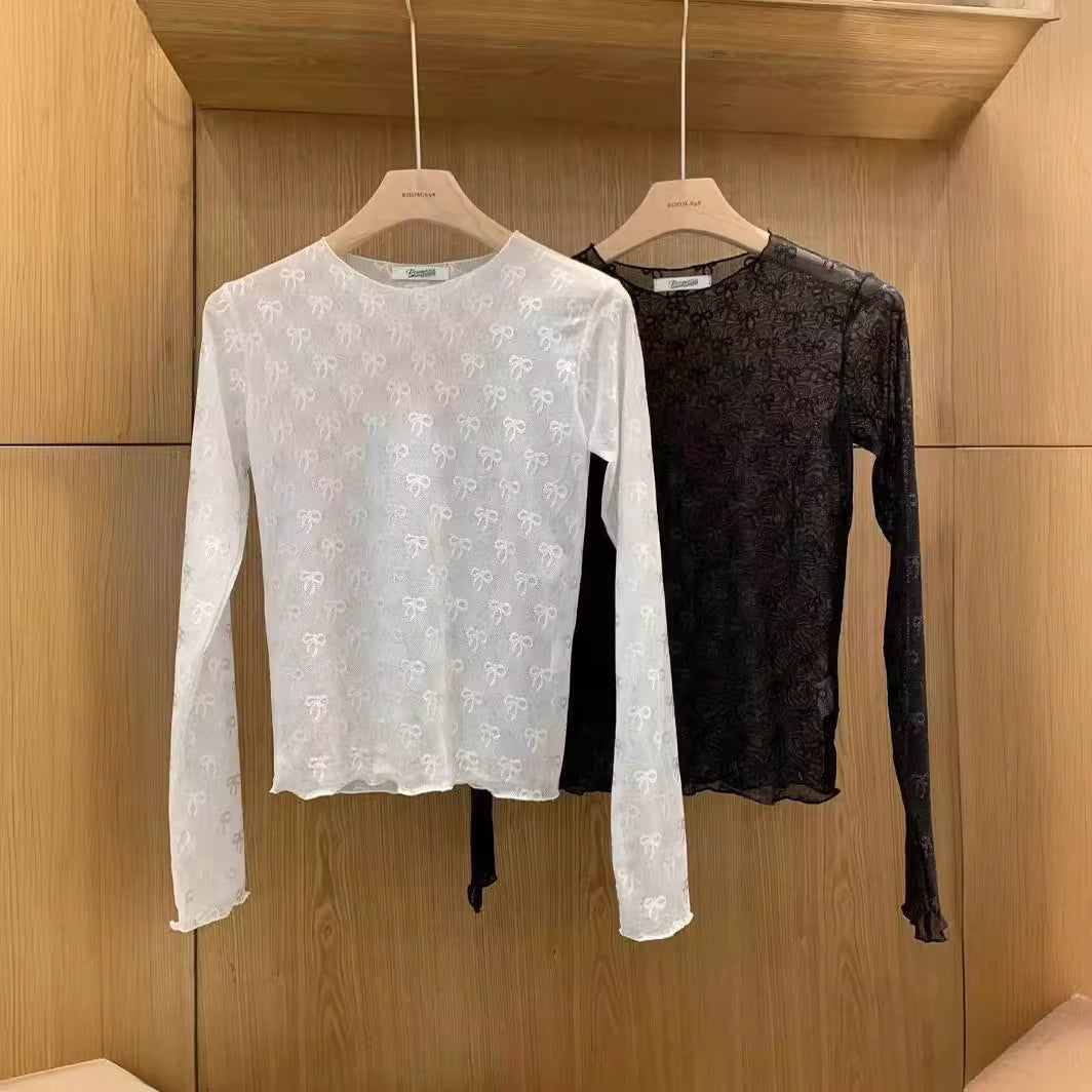Spring Summer Cute Japanese Bowknot Elastic Mesh Bottoming Shirt Long Sleeve T shirt Inner Wear