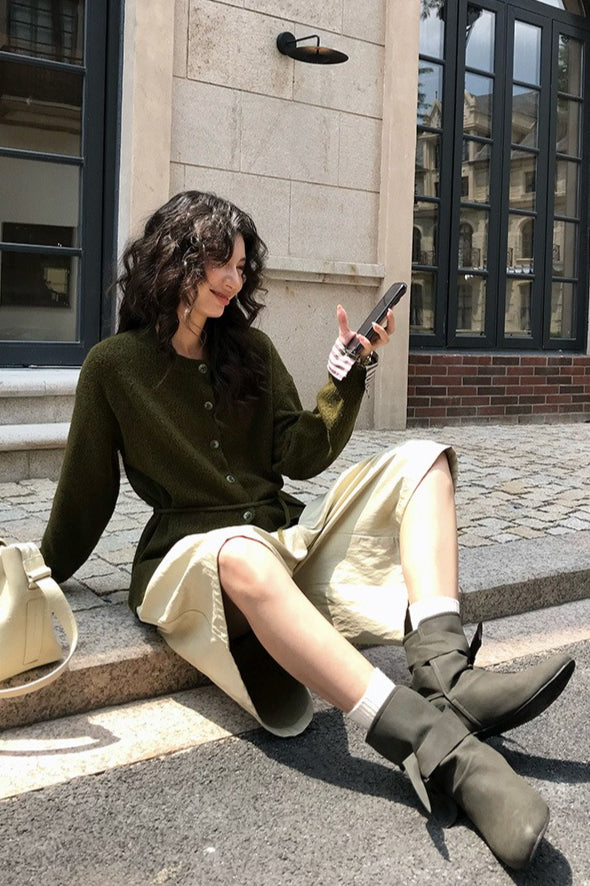Color-Block Belted Lazy-Style Knit Cardigan