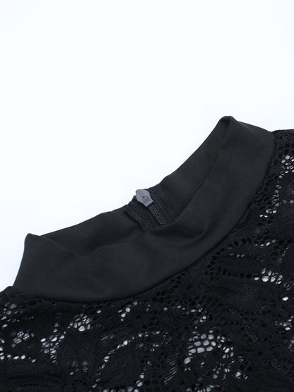 Lace Crew Neck Long Sleeve Ribbon Slim Fit Hip-hugging Mini&Short Dresses