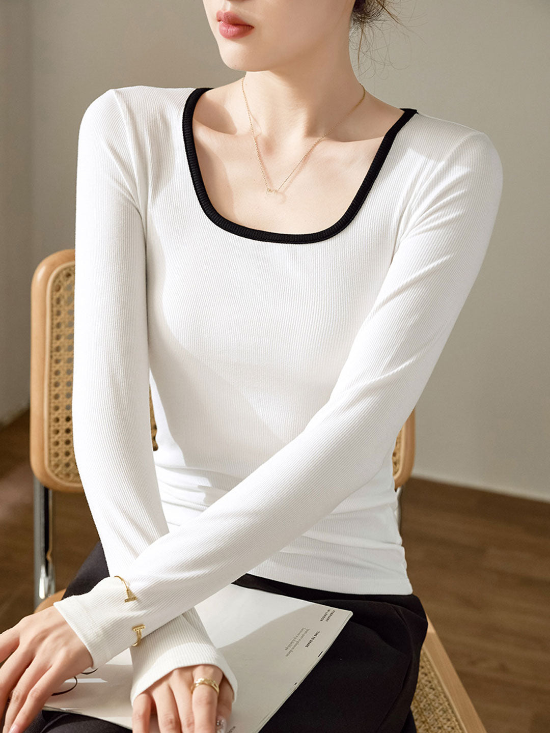 Sarah Classic Square Collar Contrasting Color Slim Top