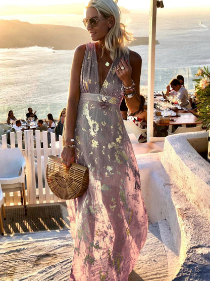 Printed Gathering Hot Stamping V-neck Sexy Maxi Dresses