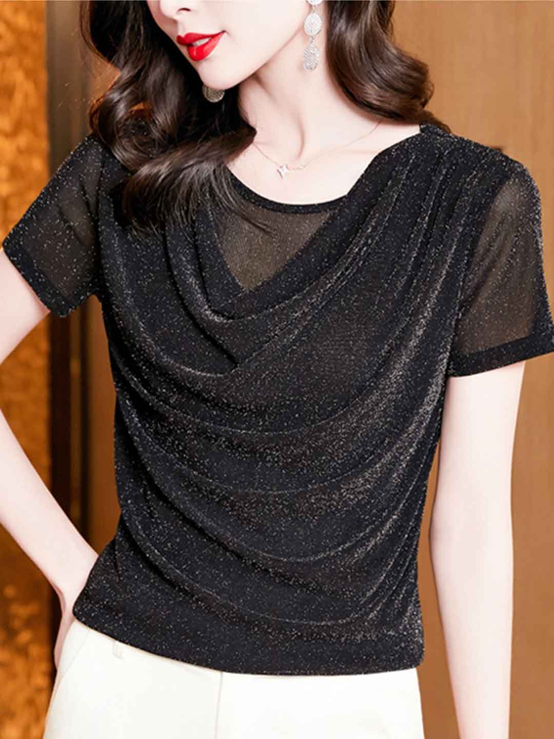 Jocelyn Classic Swing Collar Solid Color Mesh Top