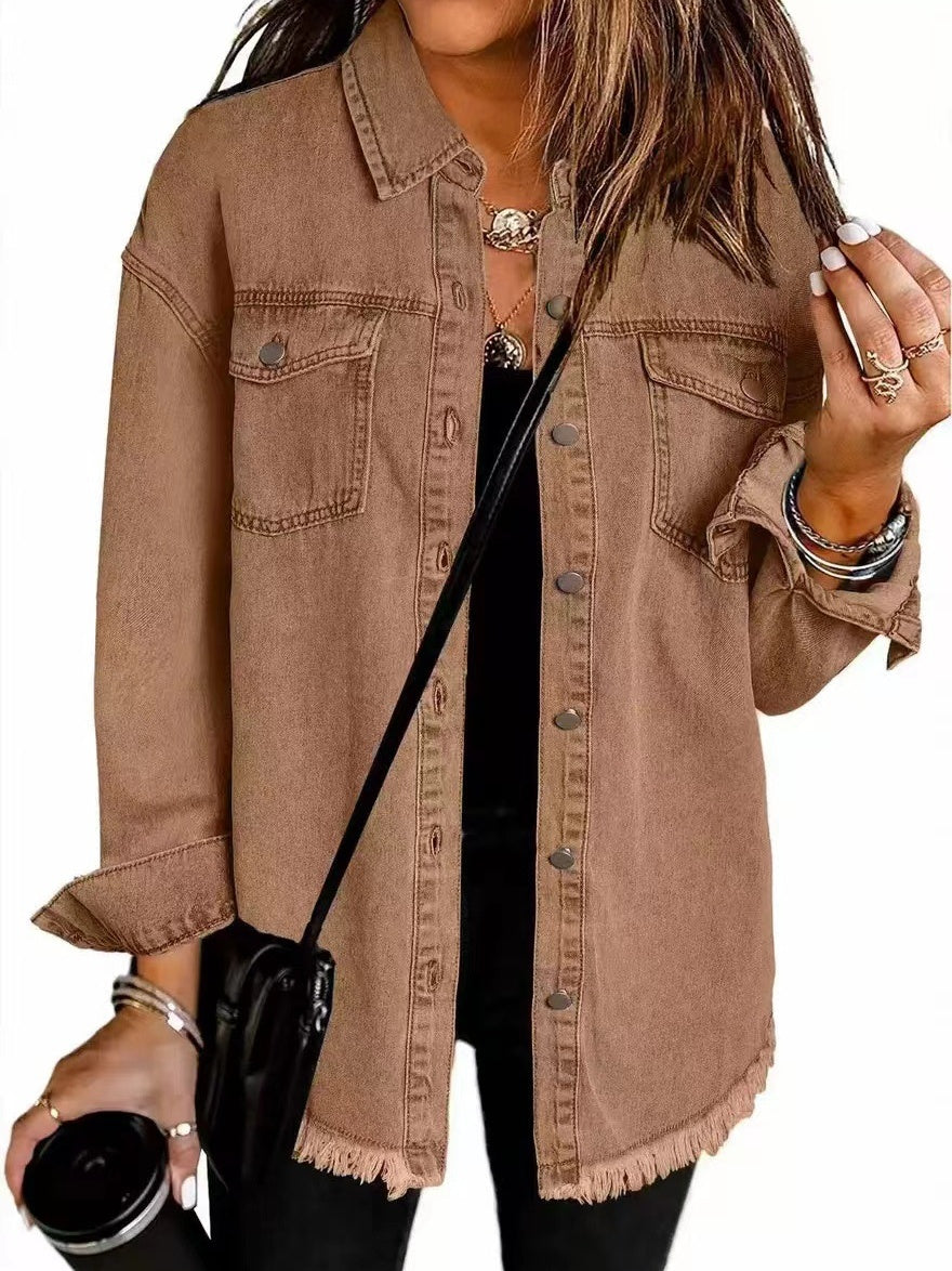 Denim Jacket With Frayed Pockets And Button Details