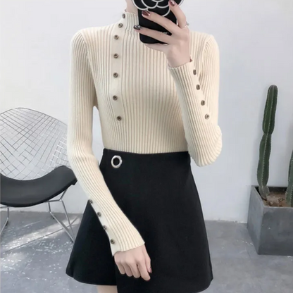 Jersey de cuello alto ajustado de punto elástico para mujer con botones | Ideal para otoño/invierno