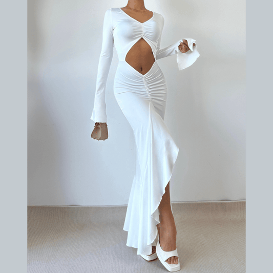 Long sleeve hollow out ruched v neck cut out maxi dress  | Festival Outfits Women