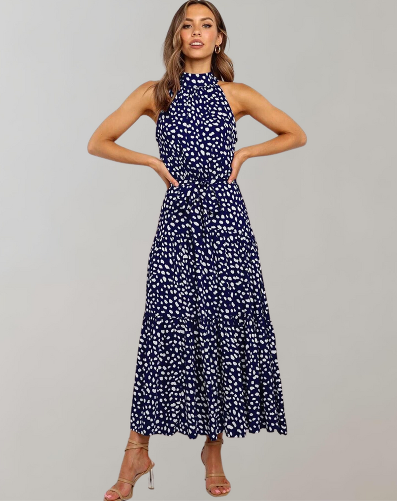 Vestido largo informal con cuello halter y estampado de lunares para mujer | Ideal para primavera/verano