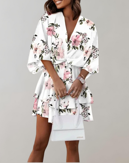 Vestido midi clásico con cuello en V y mangas murciélago para mujer | Ideal para primavera/verano