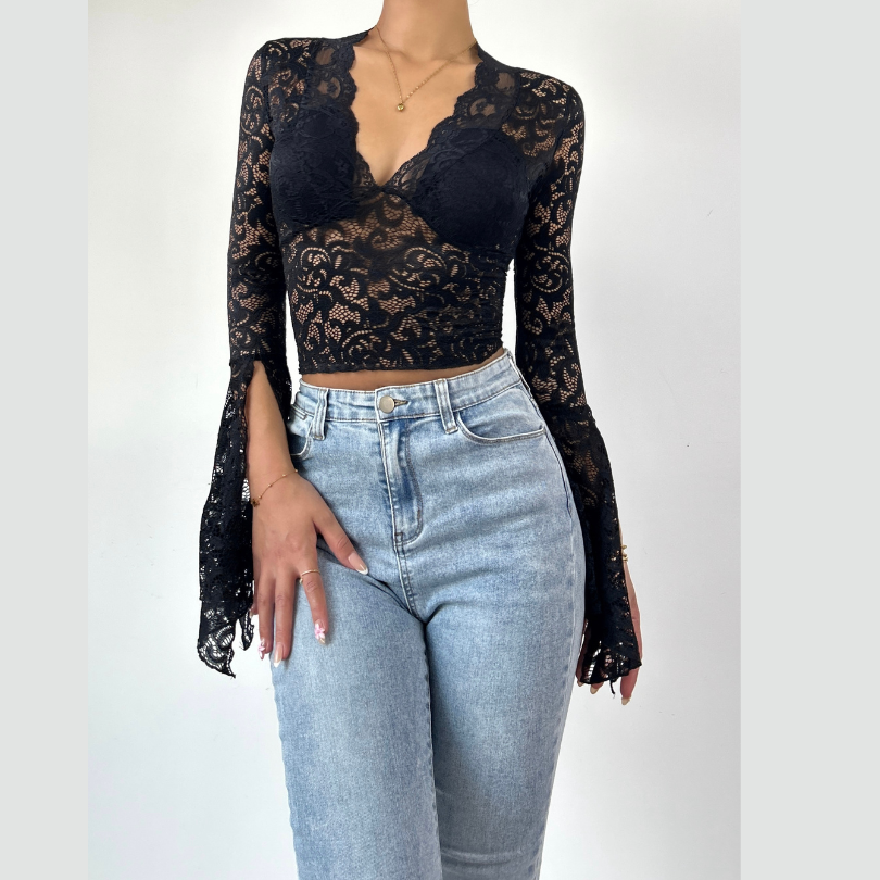 Long flared sleeve lace v neck see through top  | Festival Outfits Women