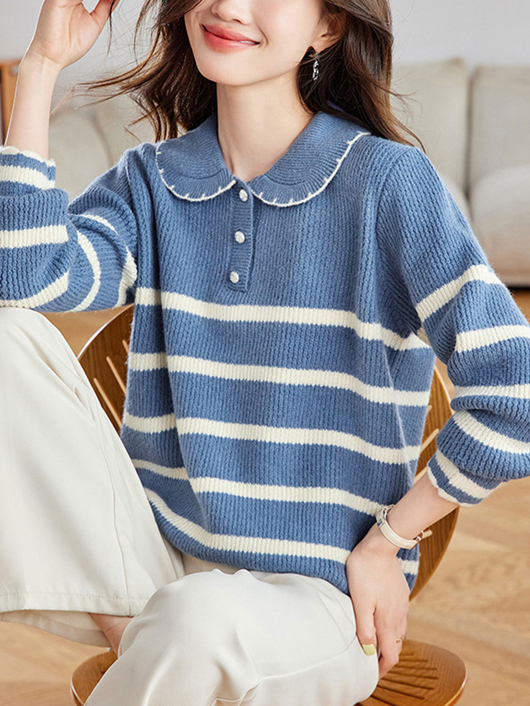 Sophie Loose Doll Collar Striped Knitted Sweater