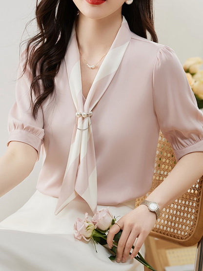 Mya Casual Loose Bow Satin Panelled Shirt-Green