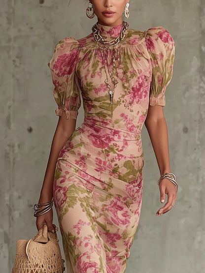 Floral Ruffles, Puff Sleeves, Cinched Waist Maxi Dresses
