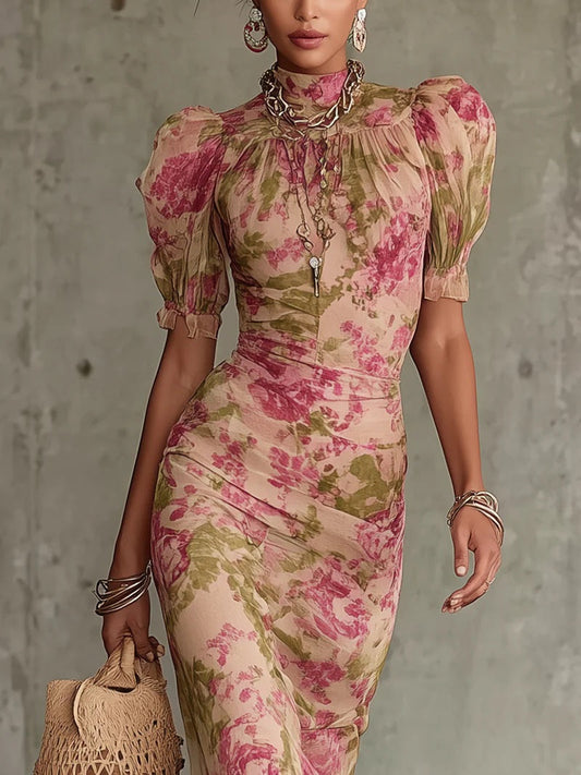 Floral Ruffles, Puff Sleeves, Cinched Waist Maxi Dresses
