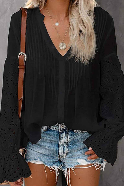 V-Neck Single Breasted Loose Flared Long Sleeves Tops