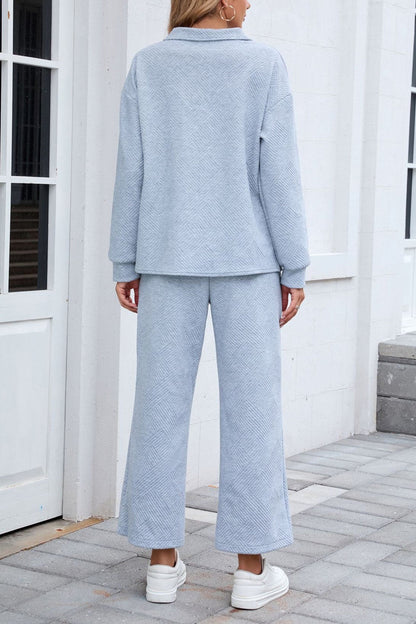 Lapel Long Sleeve Textured Sweashirt Set