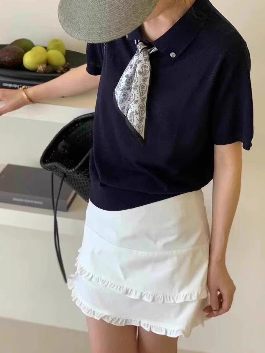 Maria Elegant Polo Collar Knitted Top-Navy Blue