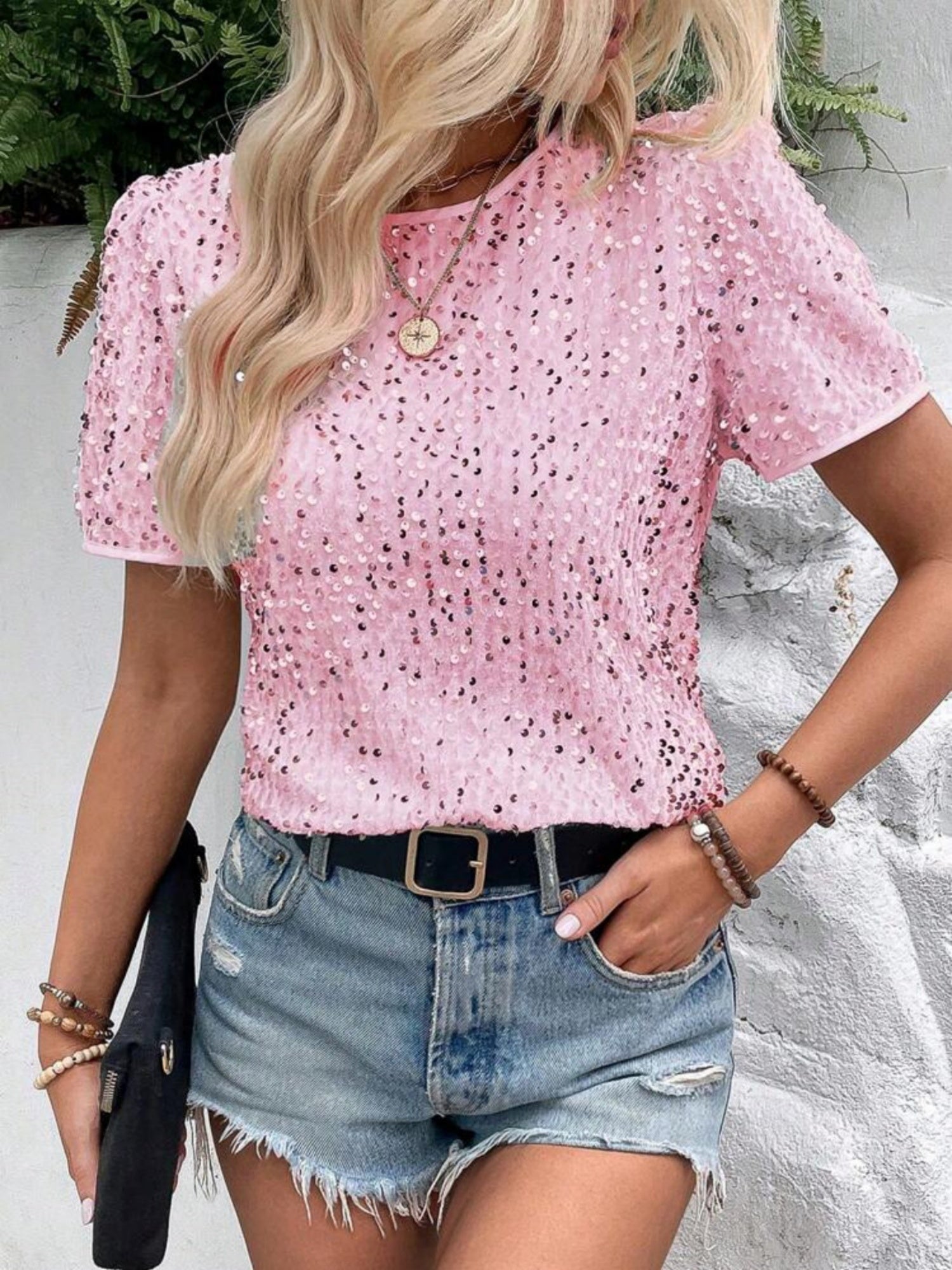 Sequins Crew Neck Short Sleeve T-shirt