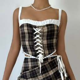 Plaid lace up zip-up cami top  | Festival Outfits Women