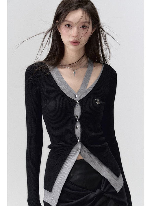 Elegant Black Knit Long Cardigan With Hollow Out Design