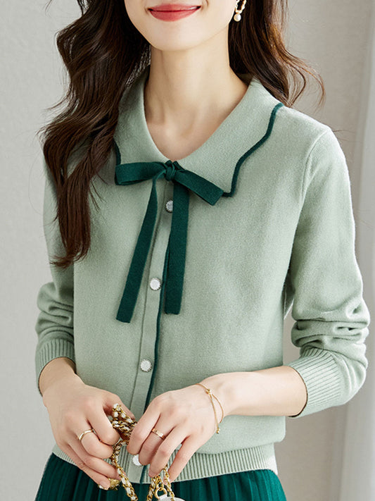 Jamie Vintage Style Contrast Color Lapel Green Sweater