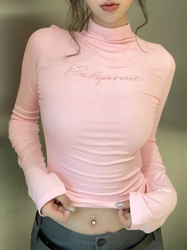 Letter Rhinestone Print Mock Neck Long Sleeve Tee