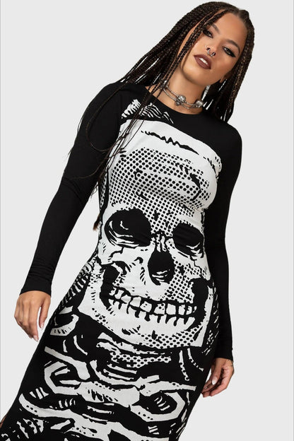 Oversized Skull Print Long Sleeve Slit Maxi Dress