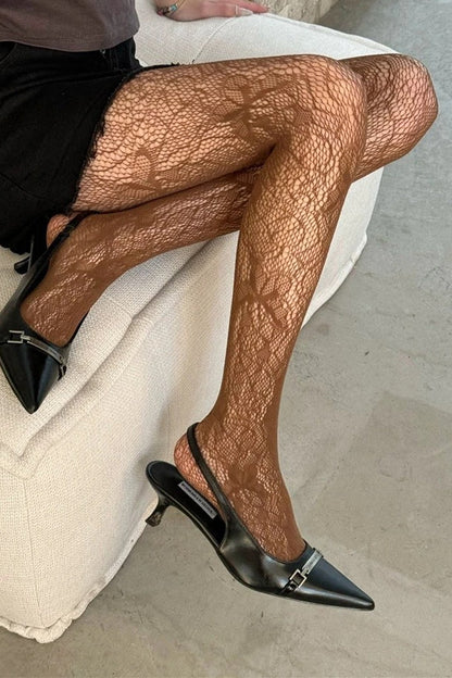Vintage Butterfly Jacquard Fishnet High Tights