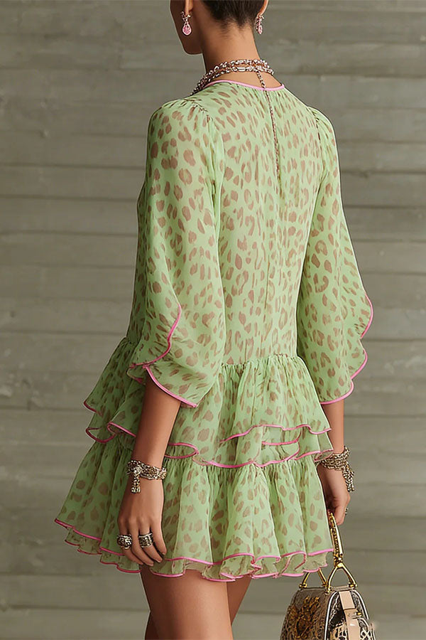 Amara Green Leopard Print Tiered Ruffle Mini Dress