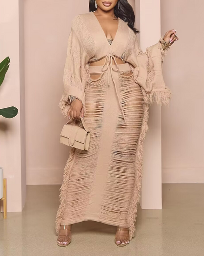 Casual Knitted Hollow Skirt Suit