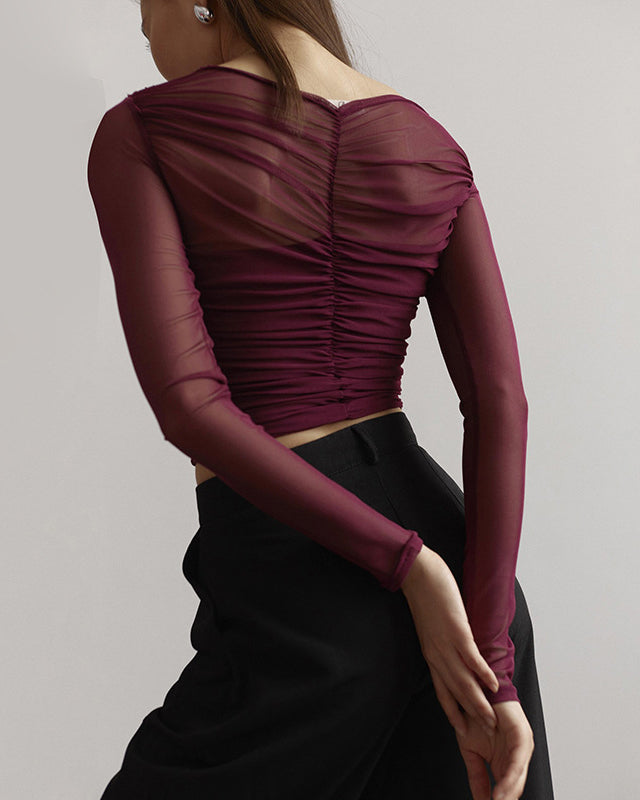 Solid Color Mesh Sexy Pleated Long Sleeve T-Shirt