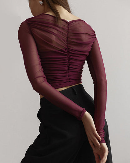 Solid Color Mesh Sexy Pleated Long Sleeve T-Shirt