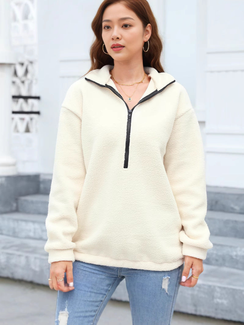 Women Plush Casual Top Half Zipper Pullover Long Sleeve Sweatshirt Sweatshirt